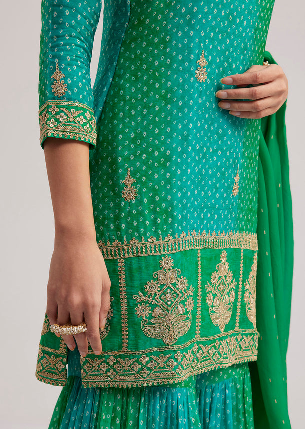 Green Chinon Bandhani Sharara Set