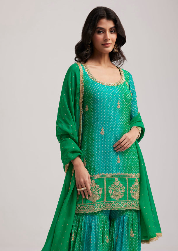 Green Chinon Bandhani Sharara Set