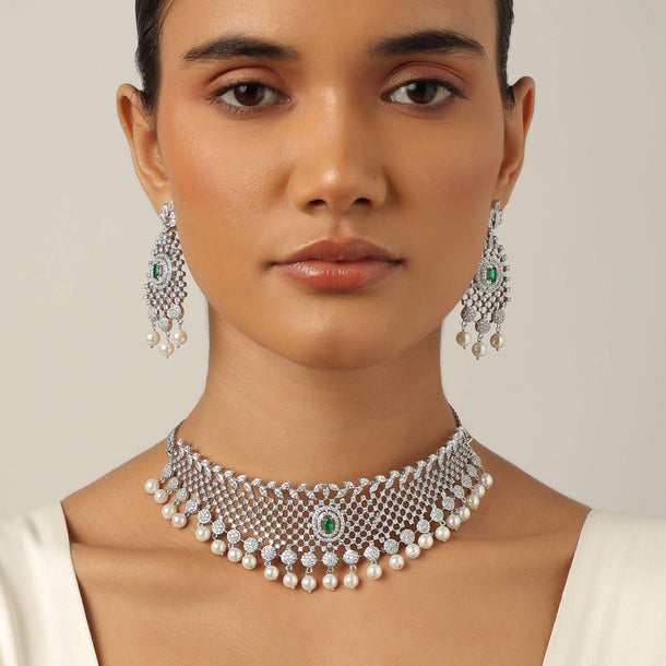 Green Choker Set With Emerald Stones And Pearl Drops