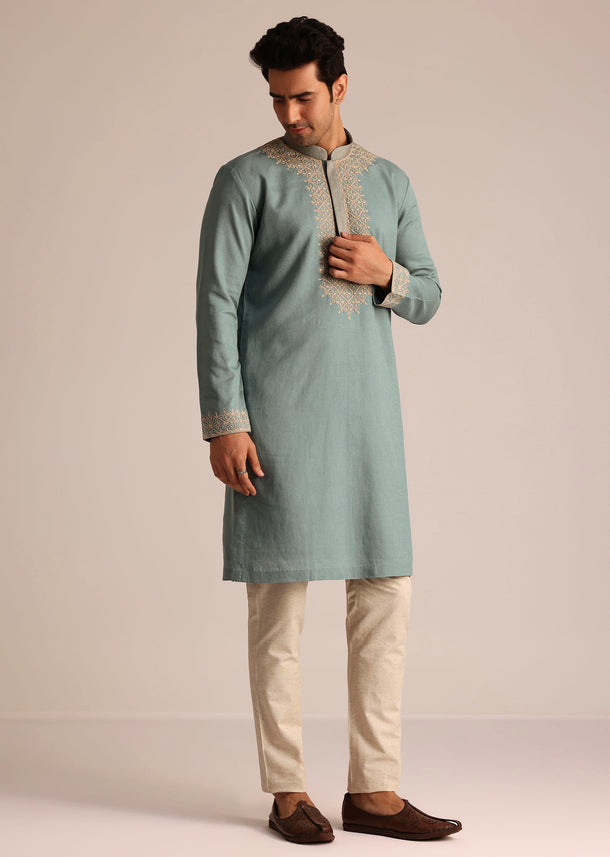 Green Cotton Embroidered Kurta Set