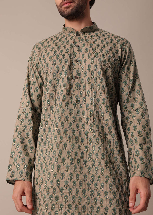 Mens Green Cotton Jaipur Print Kurta Set