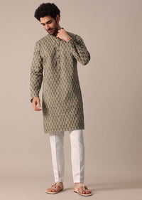 Mens Green Cotton Jaipur Print Kurta Set