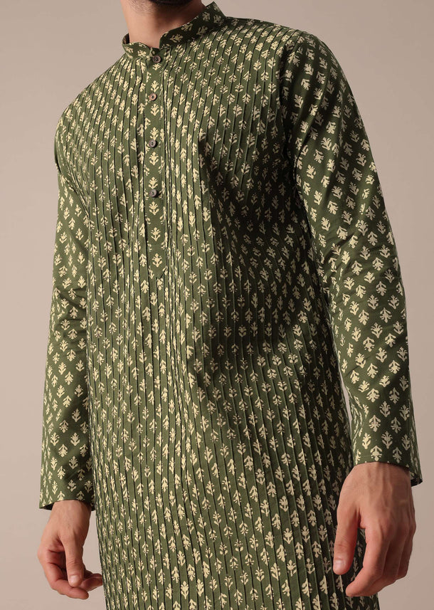 Green Cotton Jaipur Print Men Kurta Set