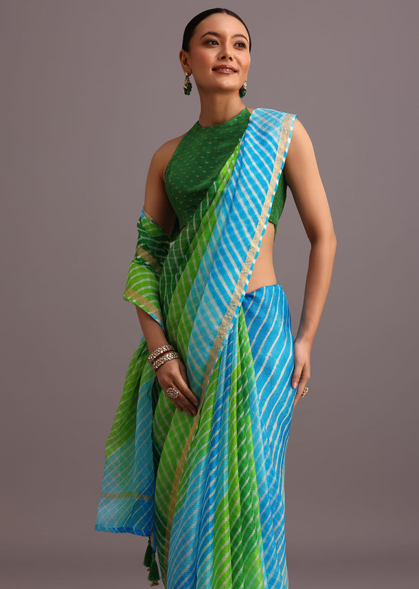Green Cotton Kota Dual Shaded Hand Dyed Leheriya Saree With Zari Weave Border