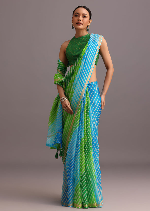 Green Cotton Kota Dual Shaded Hand Dyed Leheriya Saree With Zari Weave Border