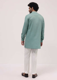 Green Cotton Kurta Set With Resham Work For Men