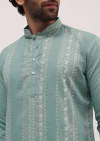 Green Cotton Kurta Set With Resham Work For Men