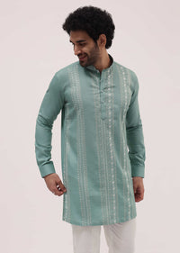 Green Cotton Kurta Set With Resham Work For Men