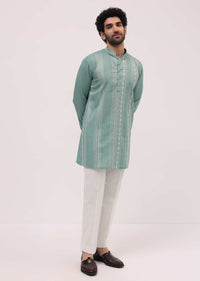 Green Cotton Kurta Set With Resham Work For Men