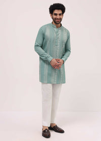 Green Cotton Kurta Set With Resham Work For Men