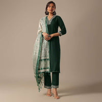 Green Cotton Pant Set With Foil Mirror Work