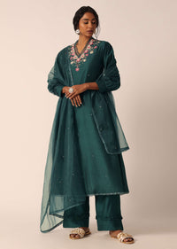 Green Cotton Pant Set With Organza Dupatta