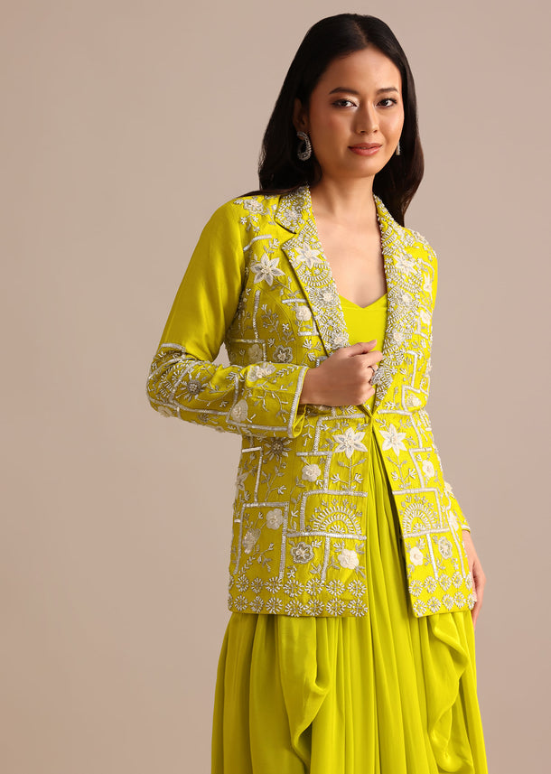 Green Crepe Pleated Gown With Embroidered Jacket