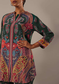 Green Crepe Short Kurta Set With Printed Motifs
