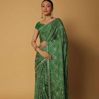 Green Dola Silk Saree With Bandhani Print And Unstitched Blouse Fabric