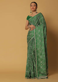 Green Dola Silk Saree With Bandhani Print And Unstitched Blouse Fabric