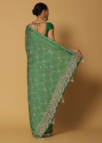 Green Dola Silk Saree With Bandhani Print And Unstitched Blouse Fabric