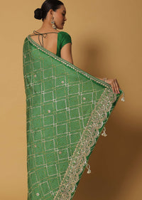 Green Dola Silk Saree With Bandhani Print And Unstitched Blouse Fabric