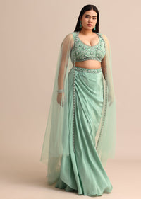 Light Aqua Draped Skirt With Net Cape