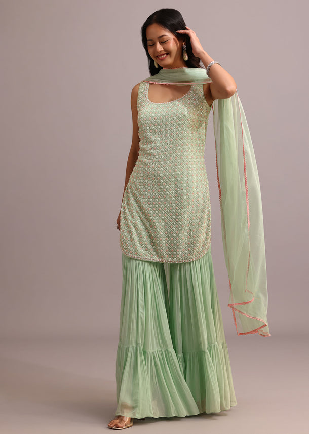 Green Embellished Sharara Set With Net Dupatta