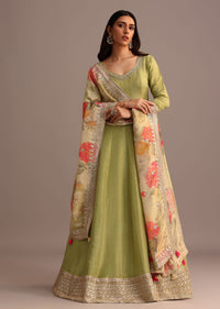 Green Embroidered Anarkali Suit With Floral Printed Dupatta