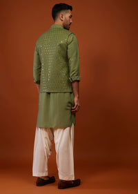 Olive Green Embroidered Bandi Jacket Set In Cotton Silk