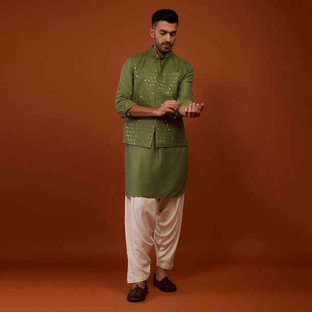 Olive Green Embroidered Bandi Jacket Set In Cotton Silk