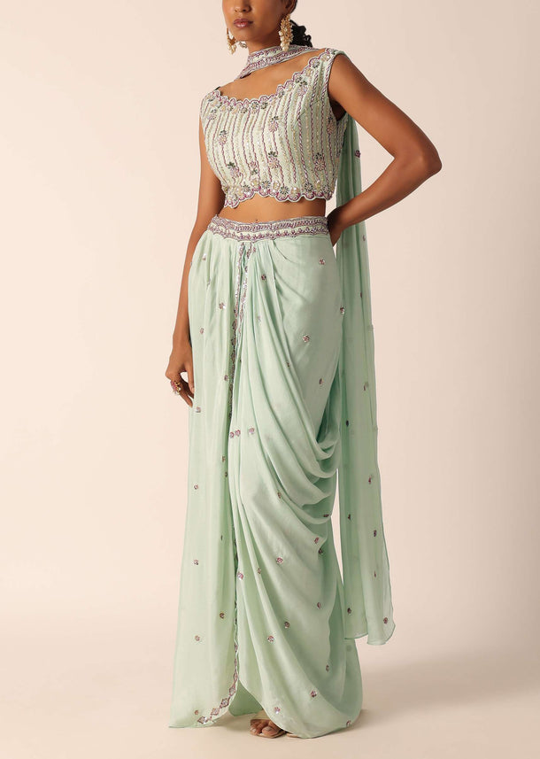 Green Embroidered Blouse And Dhoti Set