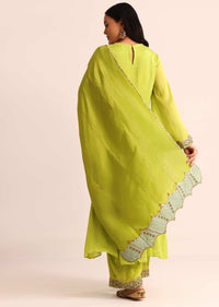 Green Embroidered Chiffon Kurta Palazzo With Dupatta