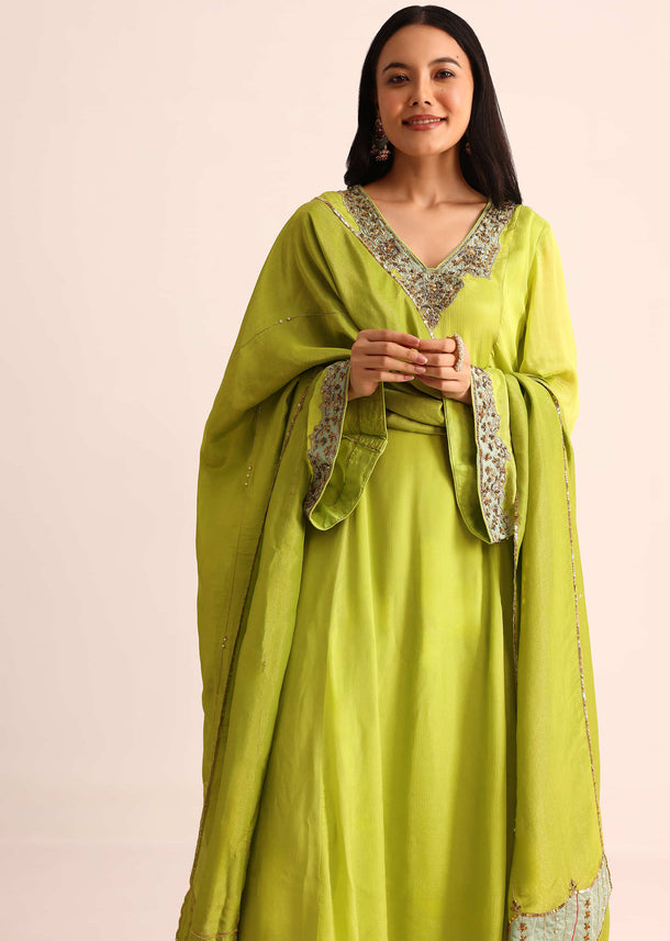 Green Embroidered Chiffon Kurta Palazzo With Dupatta