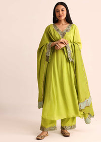 Green Embroidered Chiffon Kurta Palazzo With Dupatta