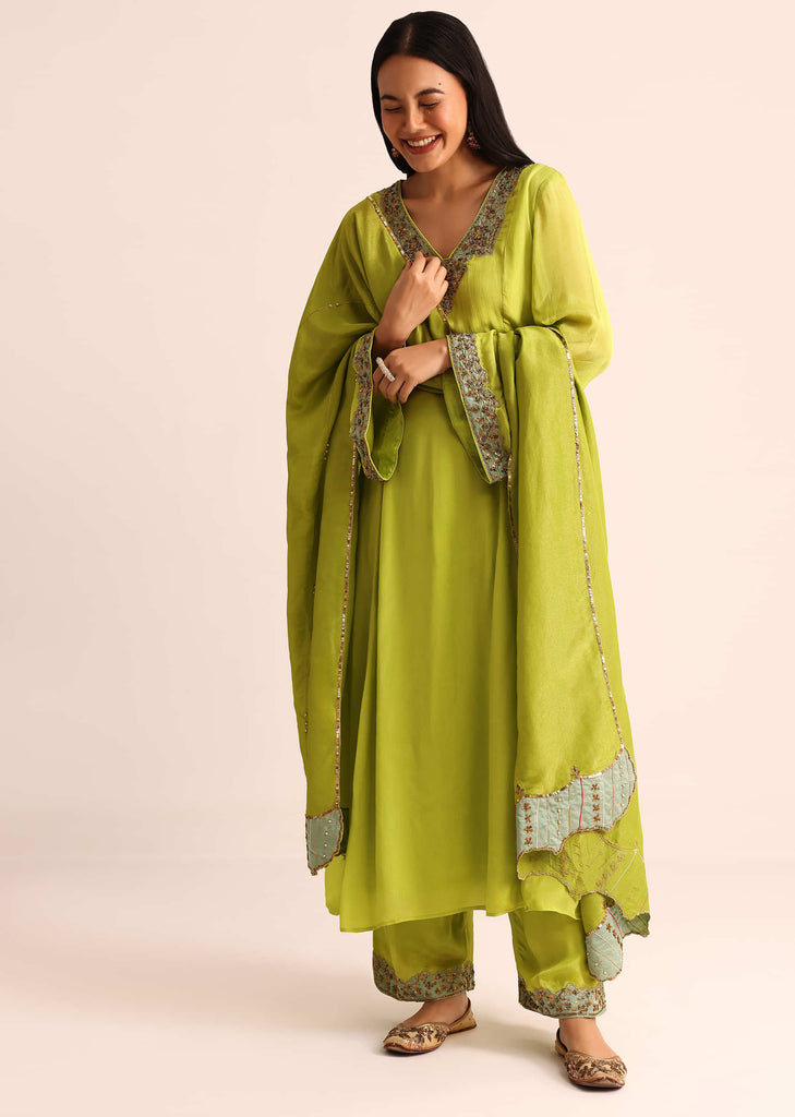 Green Embroidered Chiffon Kurta Palazzo With Dupatta