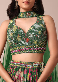 Green Embroidered Choli With Printed Chiffon Lehenga And Net Dupatta