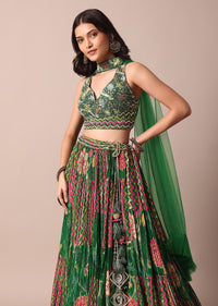 Green Embroidered Choli With Printed Chiffon Lehenga And Net Dupatta