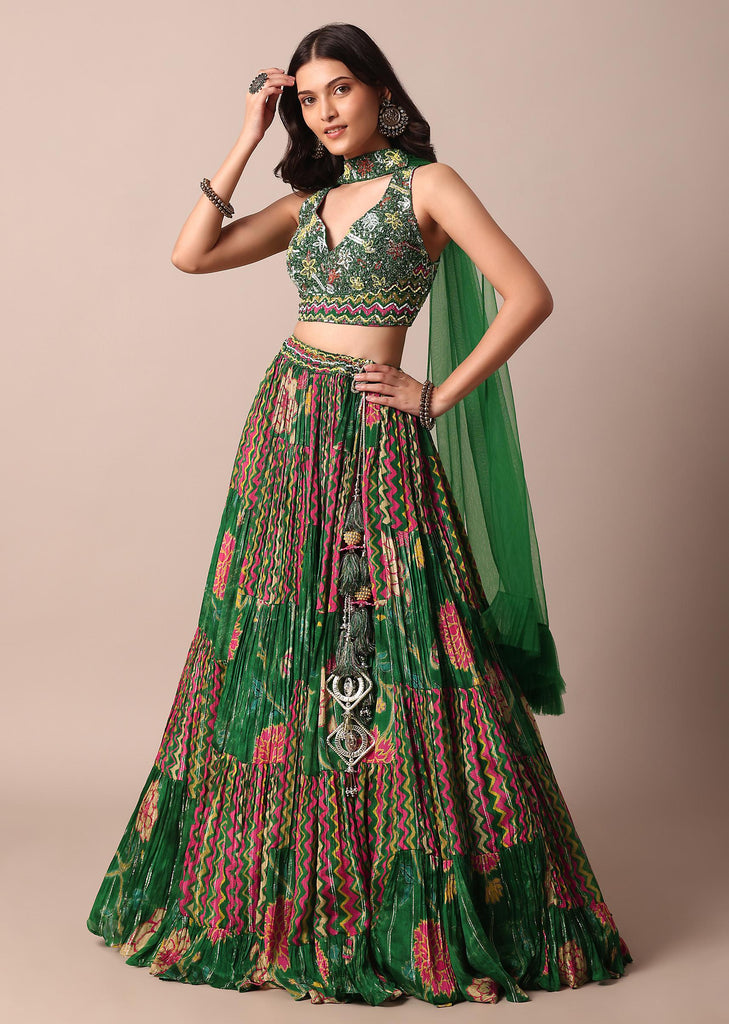 Green Embroidered Choli With Printed Chiffon Lehenga And Net Dupatta