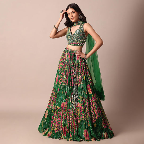 Green Embroidered Choli With Printed Chiffon Lehenga And Net Dupatta