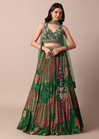 Green Embroidered Choli With Printed Chiffon Lehenga And Net Dupatta