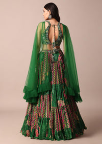 Green Embroidered Choli With Printed Chiffon Lehenga And Net Dupatta