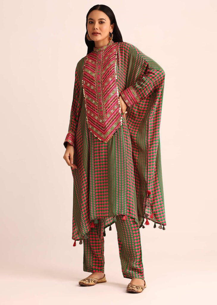 Green Embroidered Crepe Kaftan Kurti And Pant