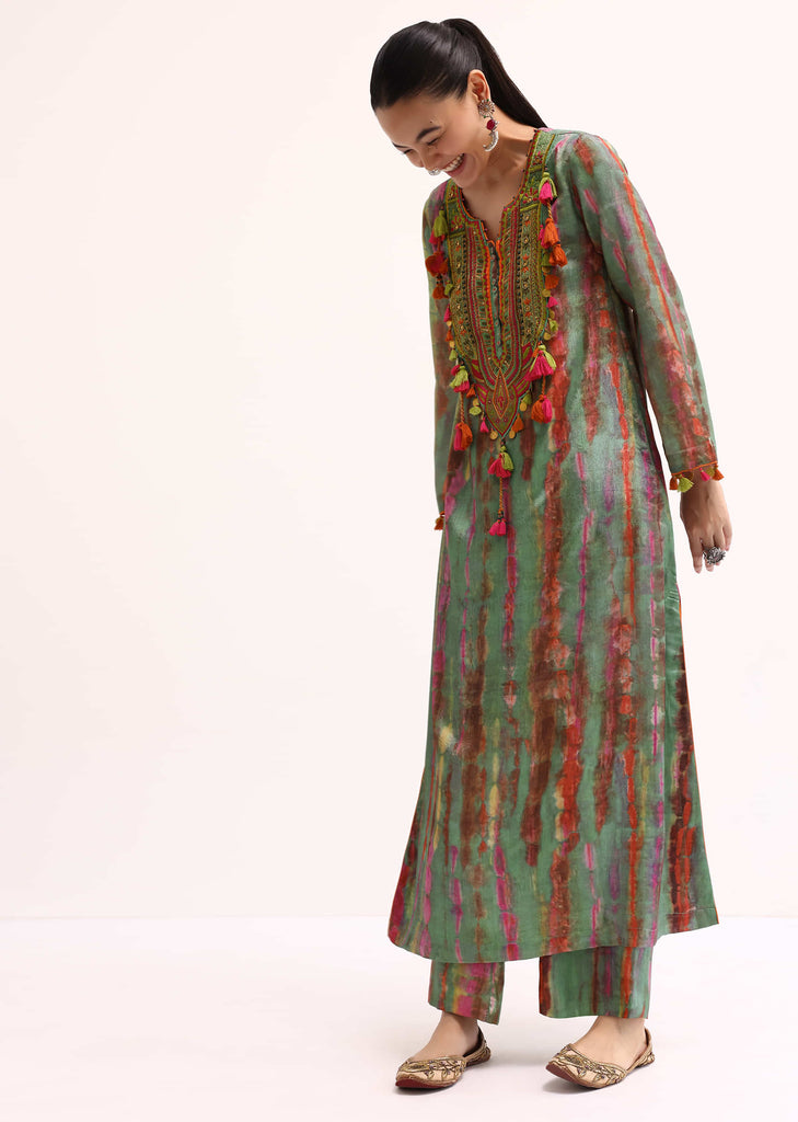 Green Embroidered Crepe Kurta And Pant