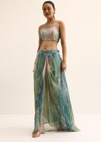 Green Embroidered Crop Top And Skirt Set