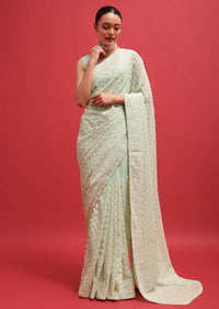 Green Embroidered Georgette Chikankari Saree With Unstitched Blouse