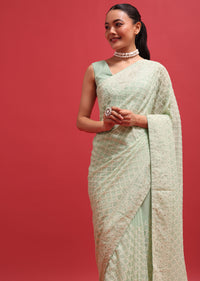 Green Embroidered Georgette Chikankari Saree With Unstitched Blouse