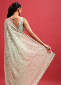 Green Embroidered Georgette Chikankari Saree With Unstitched Blouse