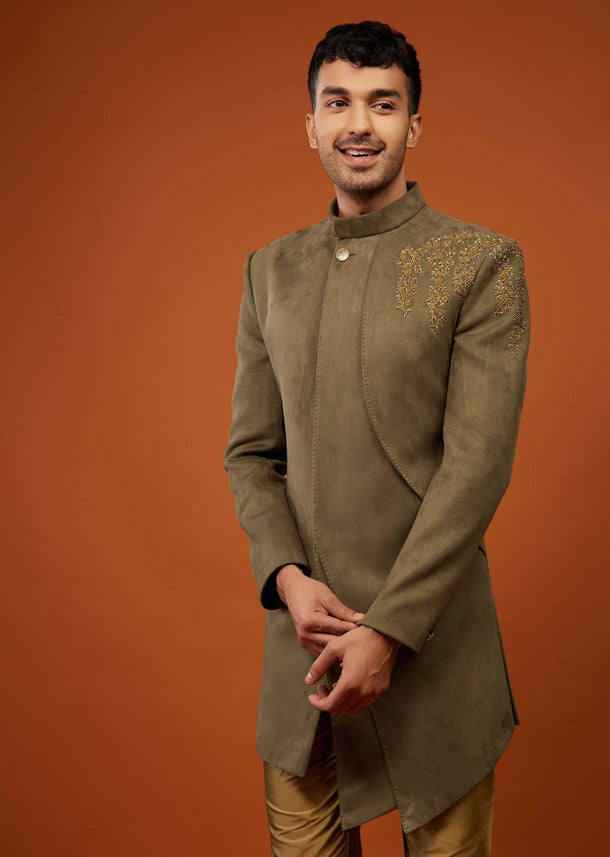 Coffee Brown Embroidered Indo-Western Kurta Set In Suede Velvet