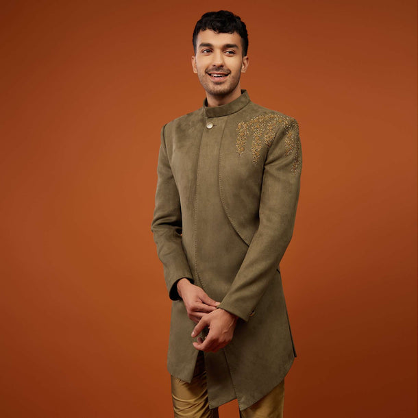 Coffee Brown Embroidered Indo-Western Kurta Set In Suede Velvet