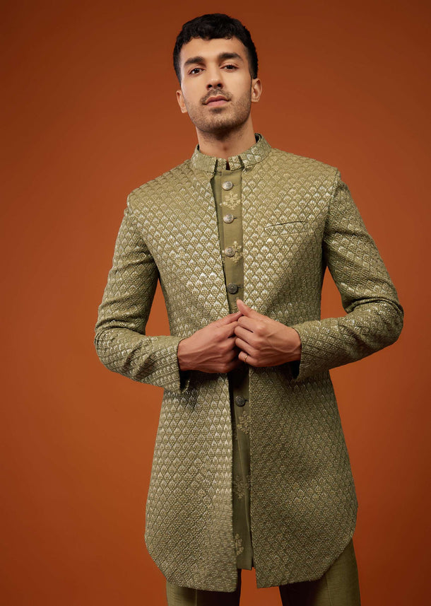 Moss Green Embroidered Indo-Western Sherwani Set In Tussar Silk