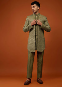 Moss Green Embroidered Indo-Western Sherwani Set In Tussar Silk