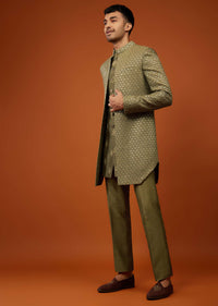 Moss Green Embroidered Indo-Western Sherwani Set In Tussar Silk