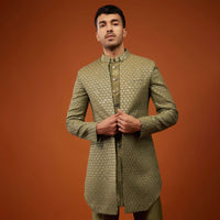 Moss Green Embroidered Indo-Western Sherwani Set In Tussar Silk